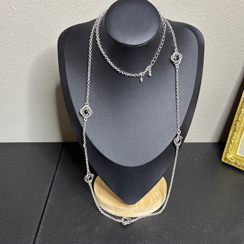 Premier Designs Long Black Elegant Silver Tone Necklace